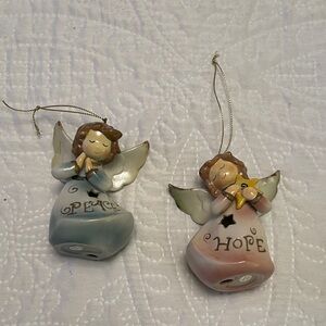 Set of 2 Ceramic Angel Hanging Ornaments HOPE & PEACE Religious